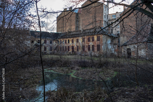 architecture details of old abandoned buildings in city center of Riga. Latvia