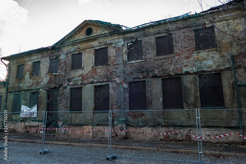 architecture details of old abandoned buildings in city center of Riga. Latvia