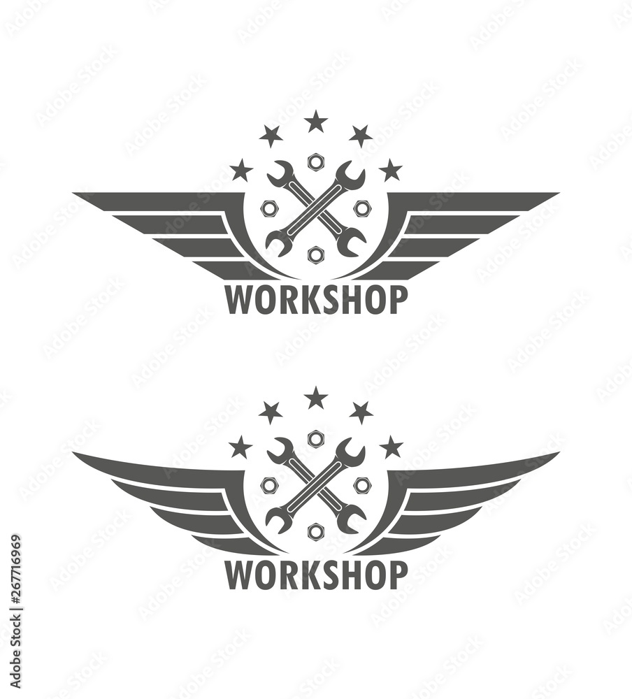Black and white illustration of a workshop logo. Crossed keys wings of