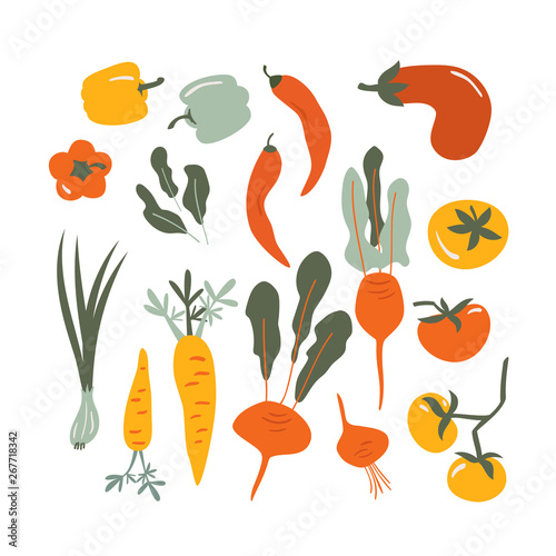 Food  vector set of Flat hand drawn vegetables background for Vegan, farm, eco design