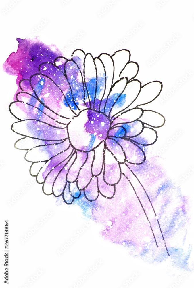 Obraz premium watercolor sketch illustration, tattoo style: contour of a flower, gerbers on a background of pink and lilac cosmos-like spots with white stars, suitable for printing T-shirts.