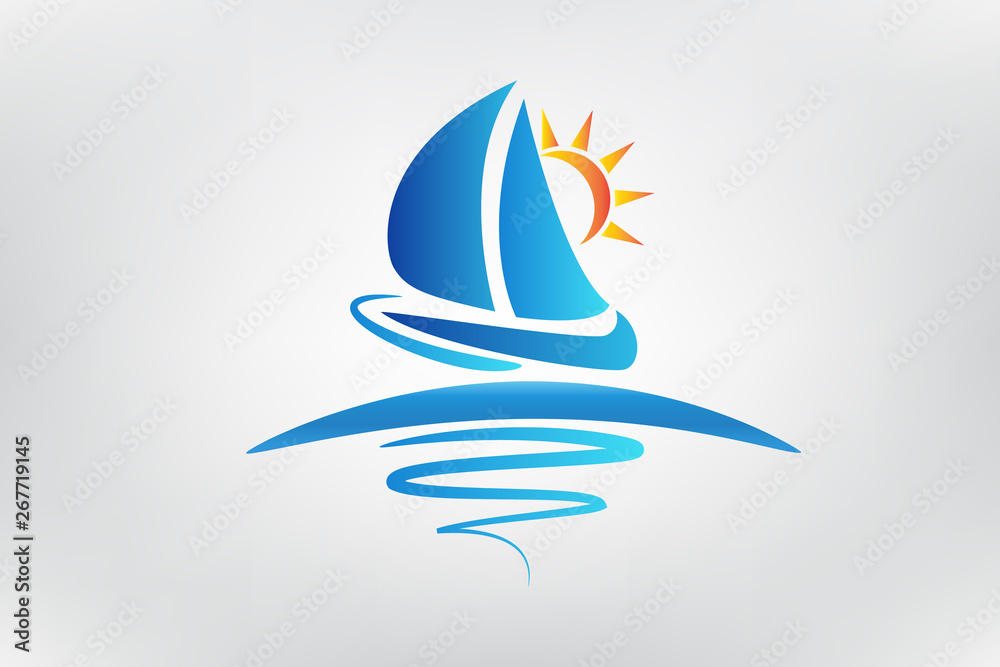 Boat Cruise Waves and Sun Logo Vector Boat Cruise Waves and Sun Logo Vector