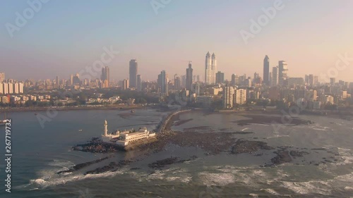 Mumbai, India, Haji Ali Dargah mosque 4k aerial drone footage sunset time photo