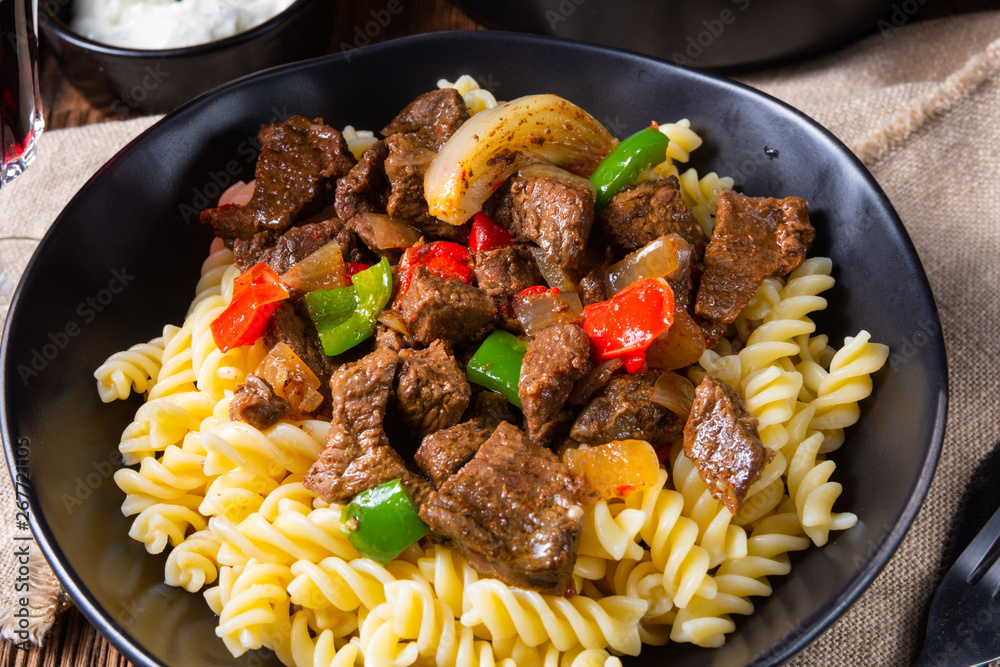 Fussili noodle with klaschise spicy goulash and paprika Fussili noodle with klaschise spicy goulash and paprika