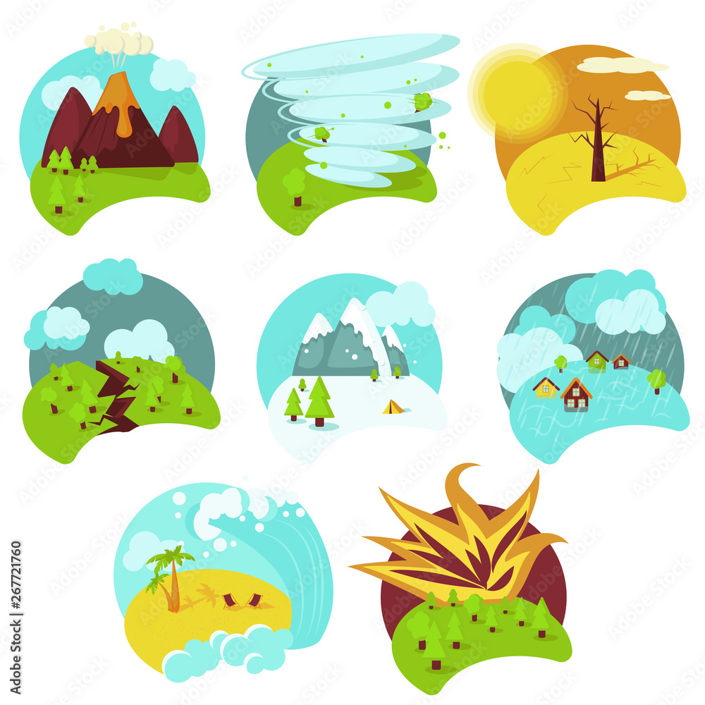 Natural catastrophe icon set, vector flat isolated illustration