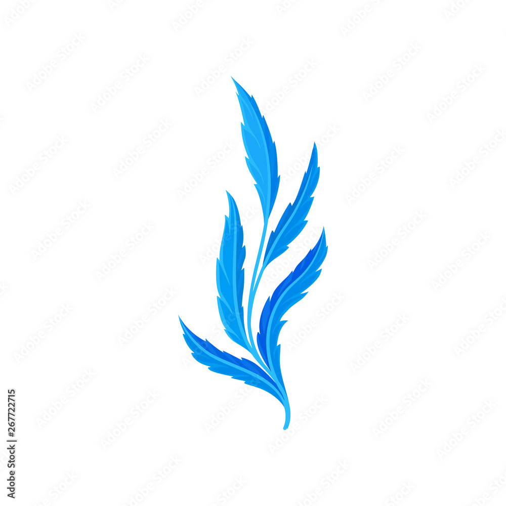 Five long blue leaves on a branch. Vector illustration on white background.