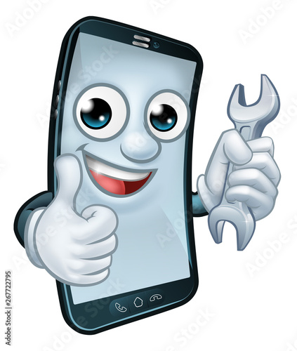 A mobile phone repair service or perhaps plumber or mechanic app cartoon character mascot holding spanner and giving a thumbs up.