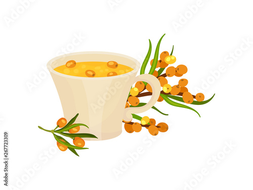 Beige ceramic cup with sea buckthorn tea. Vector illustration on white background.