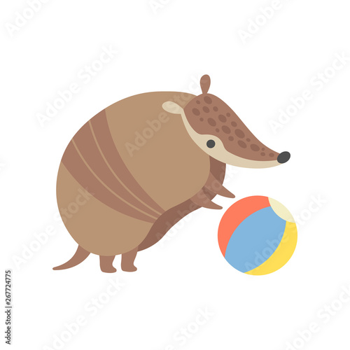 Cute Armadillo Playing with Ball, Adorable Pleistocene Animal Cartoon Character Vector Illustration