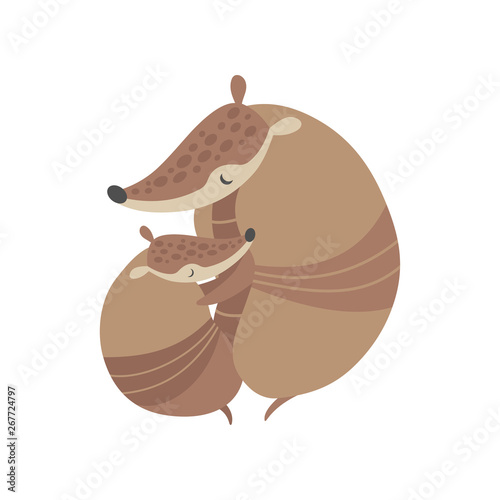 Mother Armadillo Hugging Its Baby, Adorable Pleistocene Animals Cartoon Characters Vector Illustration