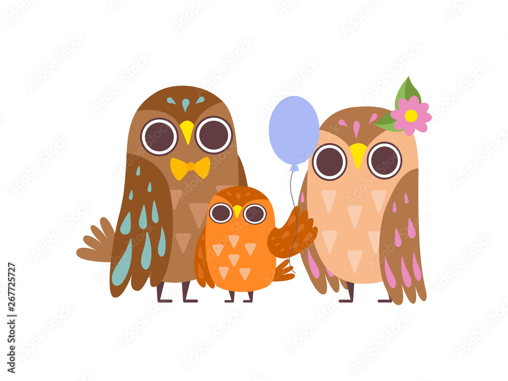 Obraz premium Happy Family of Owls, Father, Mother and Their Baby Owlet Posing with Balloon, Cute Cartoon Birds Characters Vector Illustration