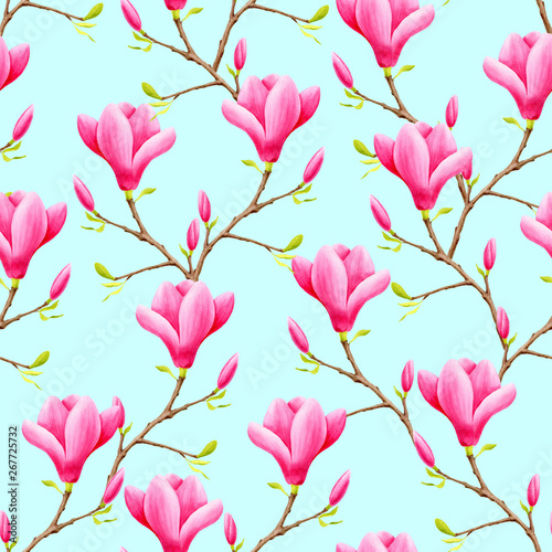 Watercolor pink magnolia flowers seamless pattern. Hand painted illustration on blue background for decoration  fabrics  wrapping