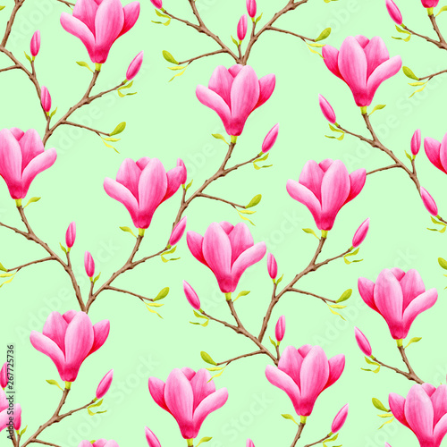 Watercolor pink magnolia flowers seamless pattern. Hand painted illustration on green background for decoration  fabrics  wrapping