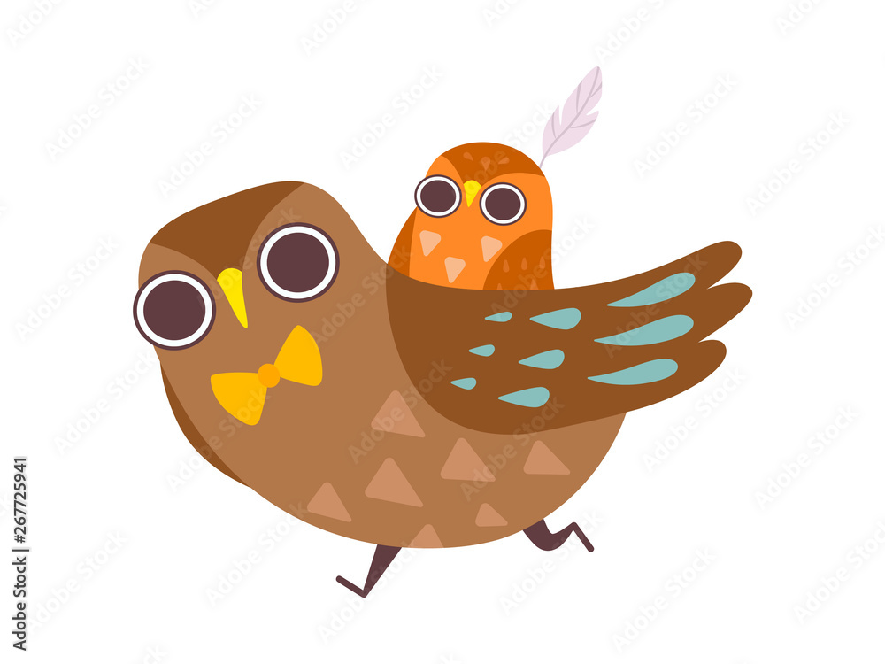 Fototapeta premium Father Owl Carrying His Baby on His Back, Happy Family of Owls, Father, Cute Cartoon Birds Characters Vector Illustration