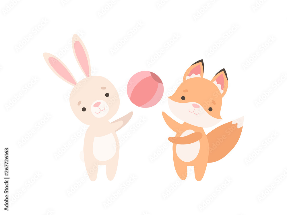 Lovely White Little Bunny and Fox Cub Playing with Ball, Cute Best Friends, Adorable Rabbit and Pup Cartoon Characters Vector Illustration Lovely White Little Bunny and Fox Cub Playing with Ball, Cute Best Friends, Adorable Rabbit and Pup Cartoon Characters Vector Illustration