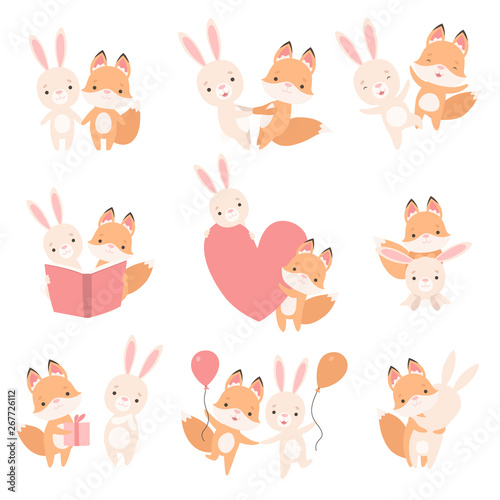 Lovely White Little Bunny and Fox Cub Having Fun Together Set, Cute Best Friends, Adorable Rabbit and Pup Cartoon Characters Vector Illustration