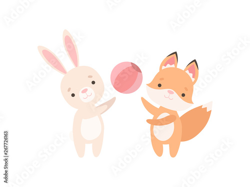 Lovely White Little Bunny and Fox Cub Playing with Ball, Cute Best Friends, Adorable Rabbit and Pup Cartoon Characters Vector Illustration © topvectors