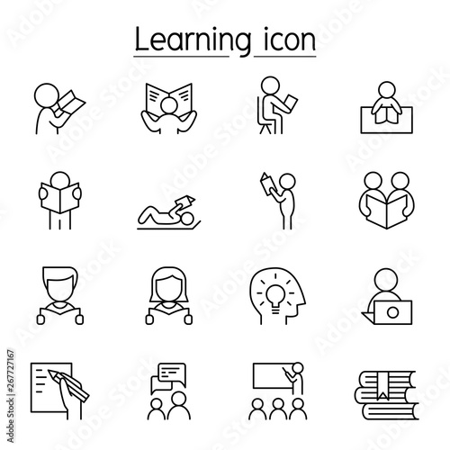 Learning & Reading icon set in thin line style