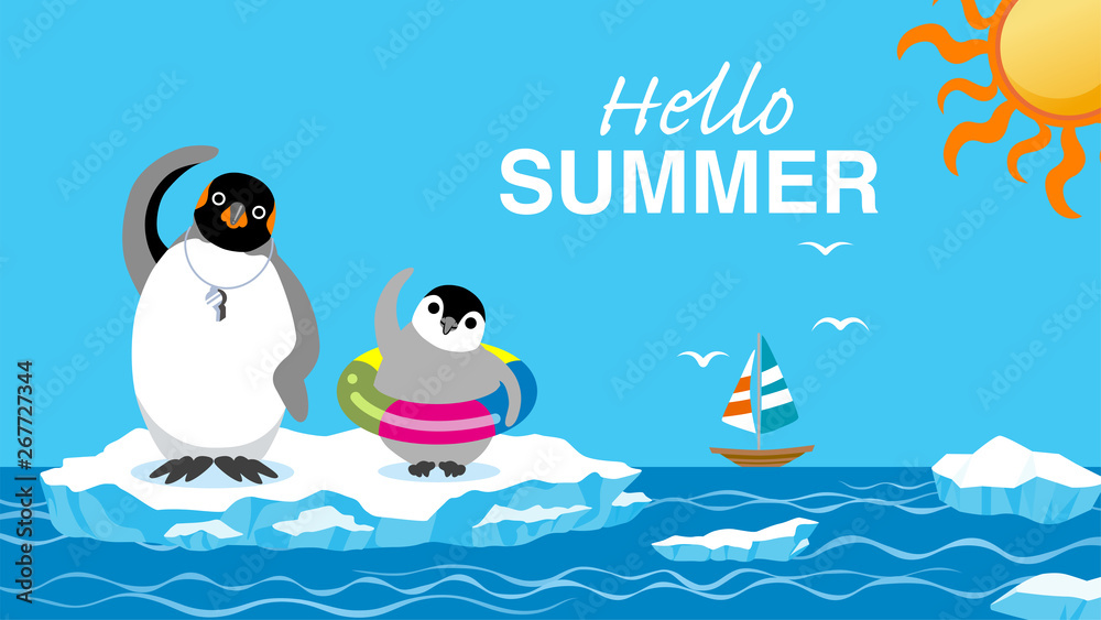 Obraz premium Penguin family exercising before the sea bathing - Included words “Hello Summer