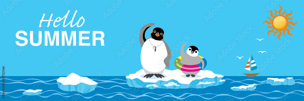 Obraz premium Penguin family exercising before the sea bathing - Included words “Hello Summer
