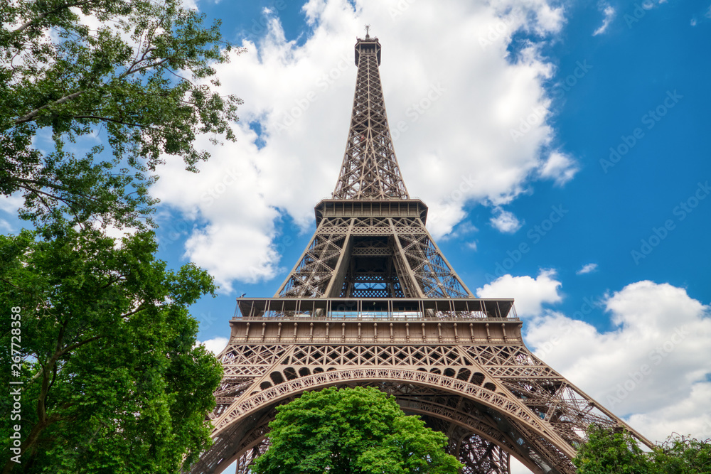 Eiffel Tower in Paris under Sunny Summer Sky, France