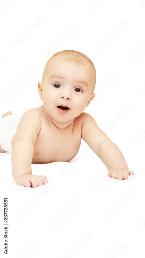Happy baby toddler. Youth people lying at home. White small child head. Newborn smile Happy baby toddler. Youth people lying at home. White small child head. Newborn smile