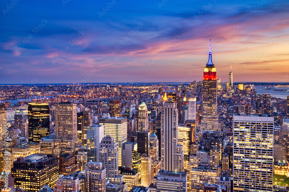 New York City Midtown with Empire State Building at Dusk from Helicopter View