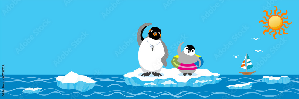 Obraz premium Penguin family exercising before the sea bathing, Banner ratio