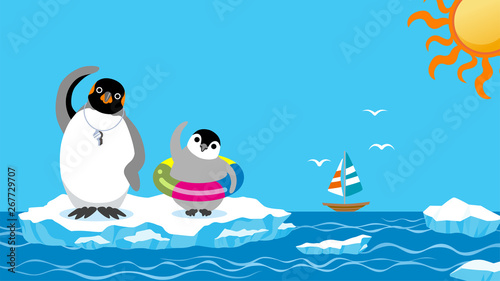 Penguin family exercising before the sea bathing