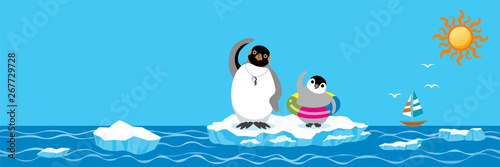 Penguin family exercising before the sea bathing, Banner ratio