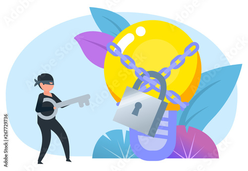 Thief stealing idea light bulb. Intellectual property infringement, protection, security. Poster for social media, web page, banner, presentation. Flat design vector illustration