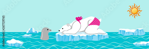 Female polar bear and seal talking in the summer arctic sea ,Banner ratio