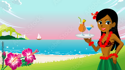 Female hula dancer serving cold drinks in the tropical beach at sunset