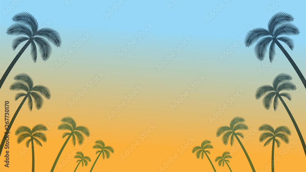 Palm tree silhouette frame in sunset background