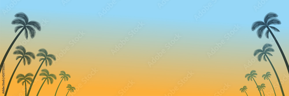 Palm tree silhouette frame in sunset background, orange color, Banner ratio
