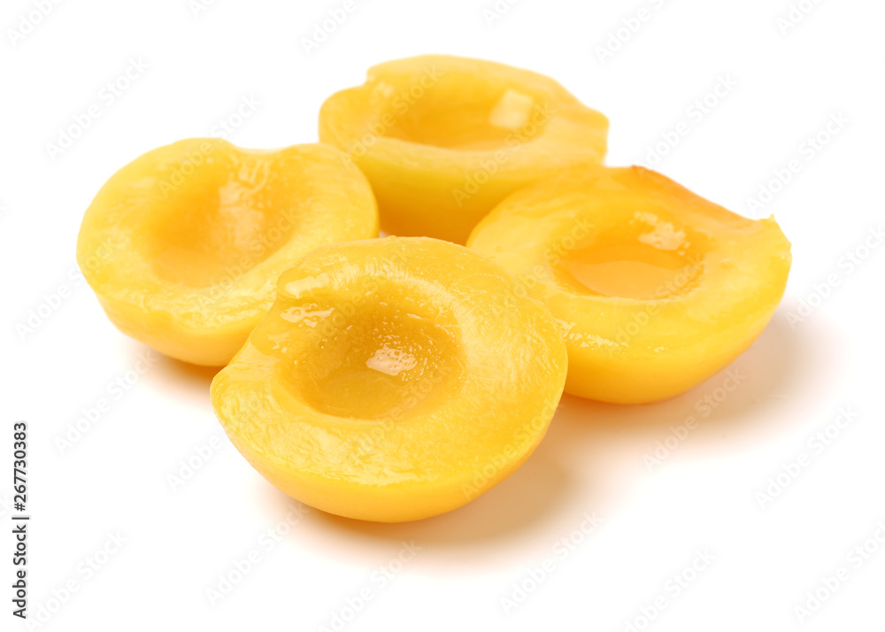 peaches in syrup on a white background 