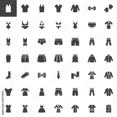 Clothes and accessories vector icons set, modern solid symbol collection, filled style pictogram pack. Signs, logo illustration. Set includes icons as men's underwear, women's swimsuit, winter coat