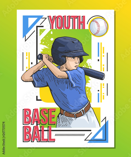 Youth baseball, little player with baseball bat on abstract background. Sport poster, print graphic design. Bright, colorful vector illustration