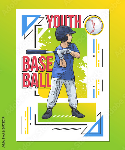 Youth baseball, little player with baseball bat on abstract background. Sport poster, print graphic design. Bright, colorful vector illustration