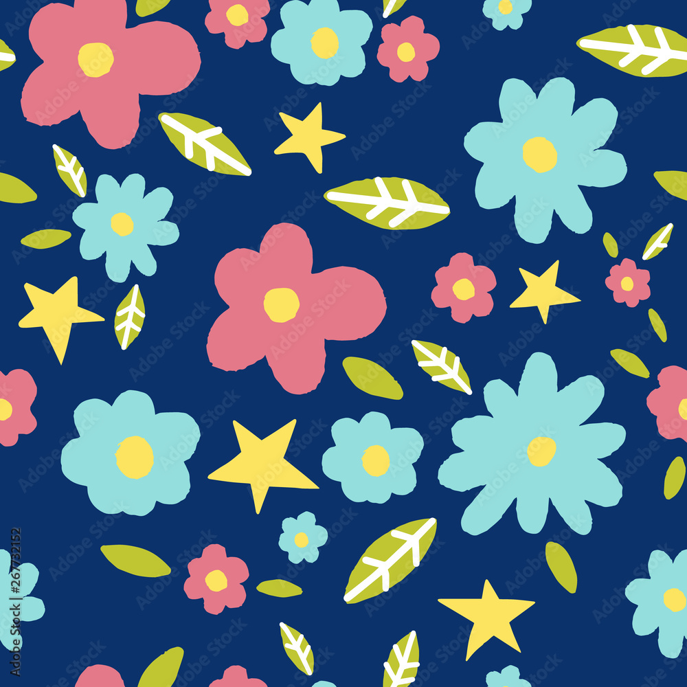 Seamless pattern with flowers and leaves in blue background. Hand drawn fabric, gift wrap, wall art design.