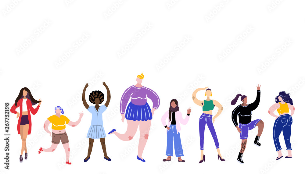 Body positivity concept. All bodies are good bodies. Vector illustration. Women of different races and physiques