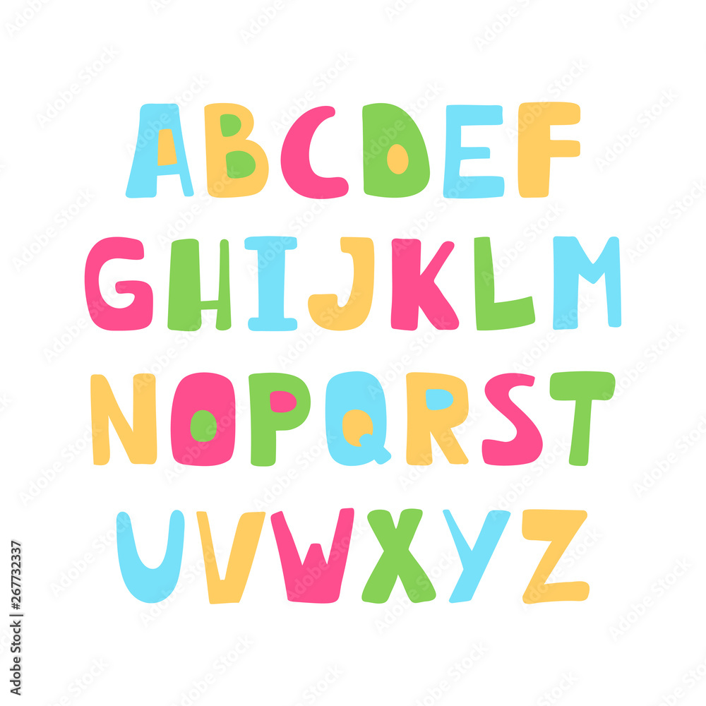 Cute colorful alphabet. Hand letters of candy colors. Cute funny letters for children's books, cards, banners, poster, clothes. Alphabet for holiday and birthday.