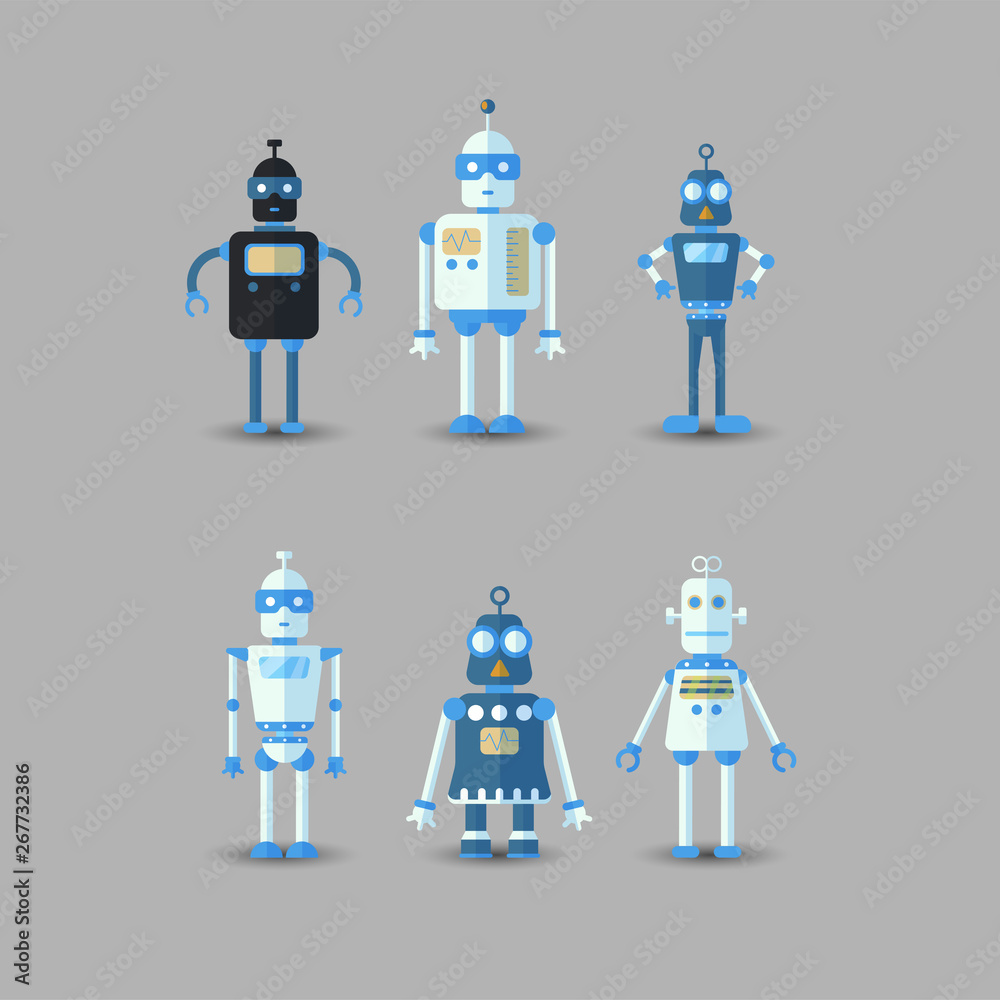 Retro vintage funny vector robot set icon in flat style isolated on ...