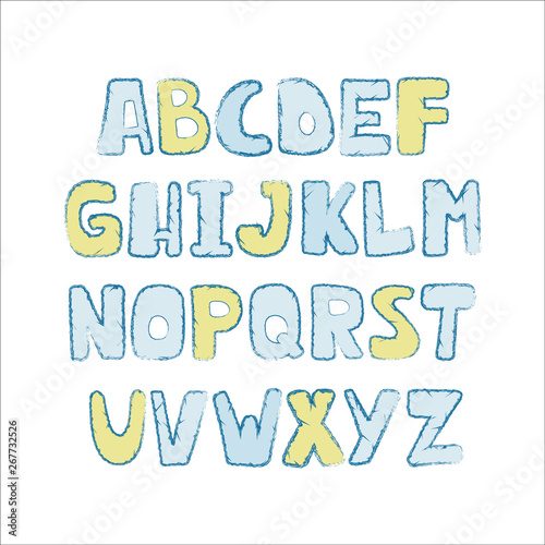 Cute colorful alphabet with textural stroke. Hand letters of candy colors. Cute funny letters for children's books, cards, banners, clothes. Alphabet for holiday and birthday.