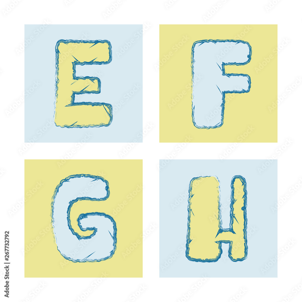 Cute colorful alphabet with textural stroke. Hand letters of candy colors. Cute funny letters E F G H for children's books, cards, banners, clothes. Alphabet for holiday and birthday.