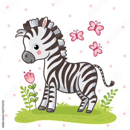 Zebra standing on a flower meadow. Cute african animal in cartoon style.