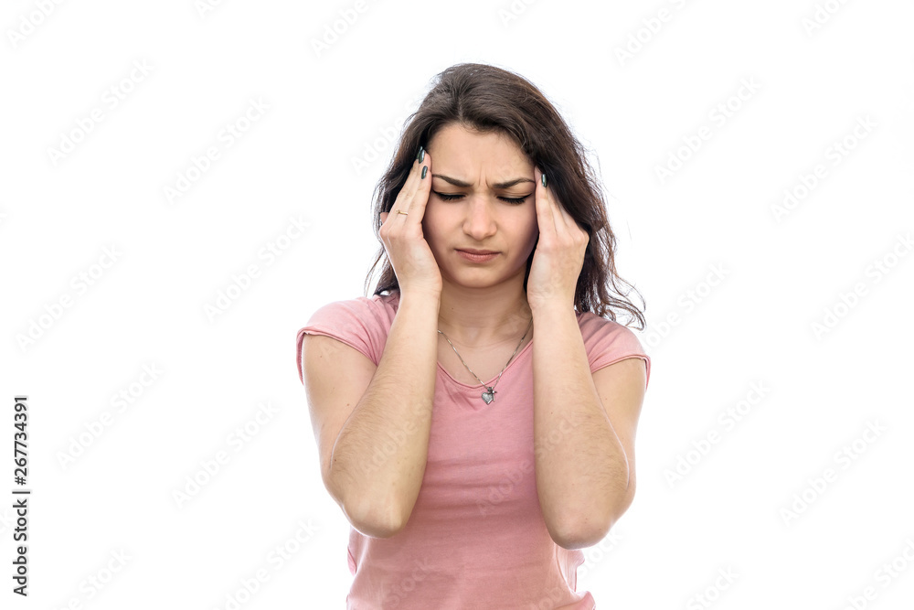 Young woman with headache isolated on white Young woman with headache isolated on white