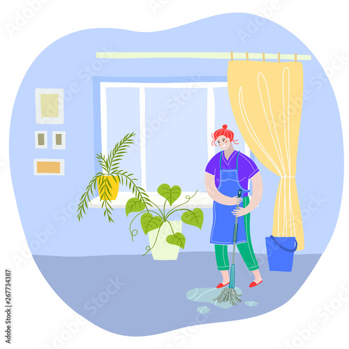 The girl cleans the room. A woman tidies the house. Washing of floors.
