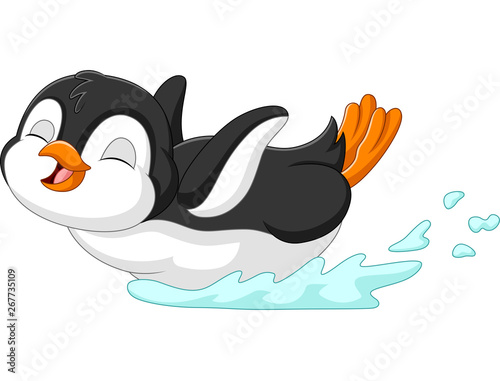 Cute penguin cartoon sliding on water