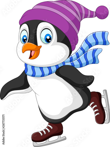 Cartoon penguin ice skating isolated on white background